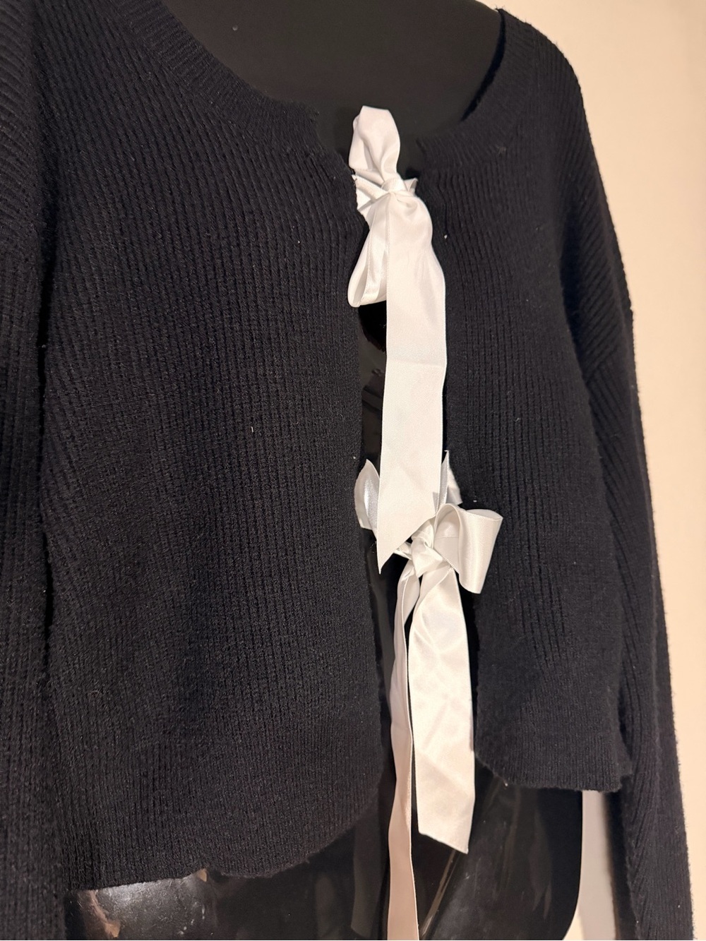 Forever 21 Black Knit Cardigan with White Ribbon Ties